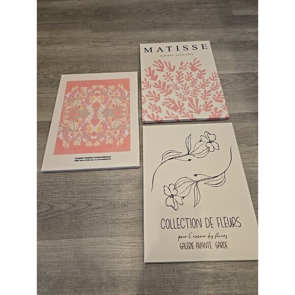 Abstract Floral Wall Art Pink White FLOWERS Matisse 3-Piece Set Canvas on Frame - Picture 1 of 5